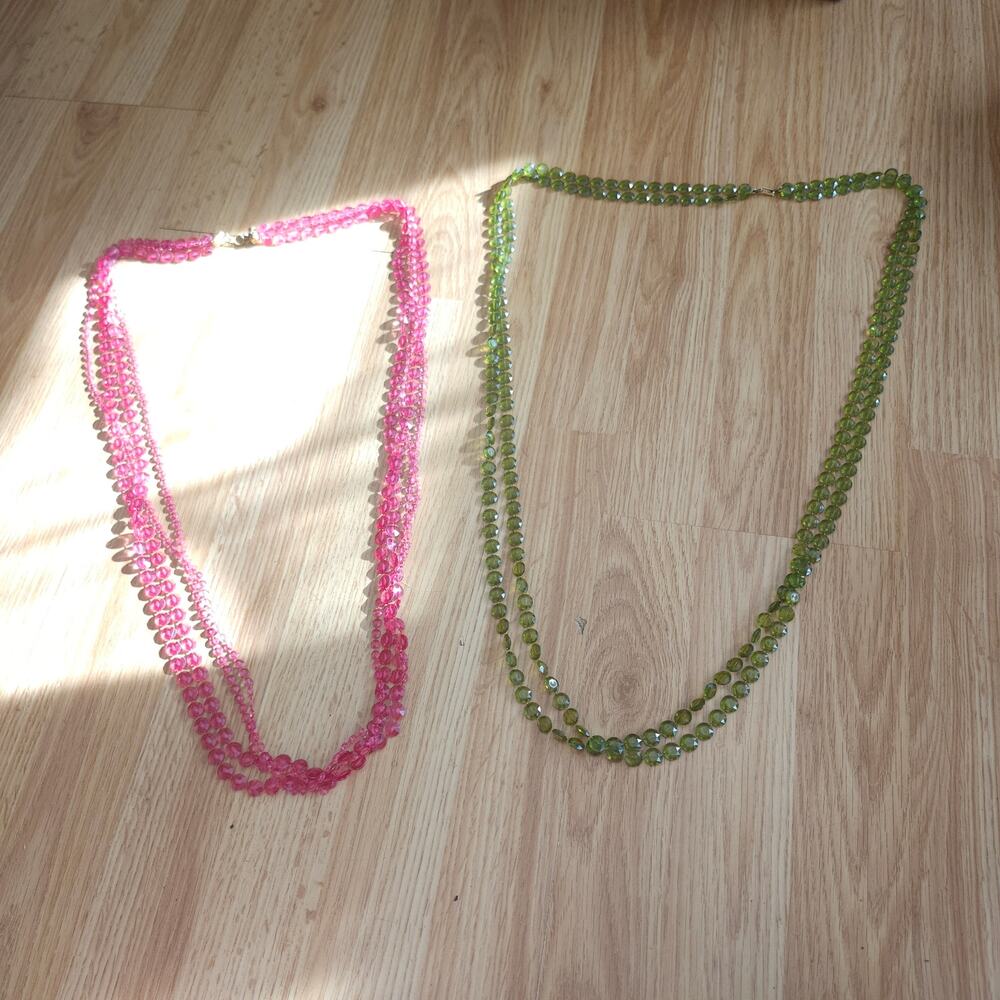 Lot 2 Pink Green Faceted Acrylic Bead Necklaces Multi Strand Statement Retro